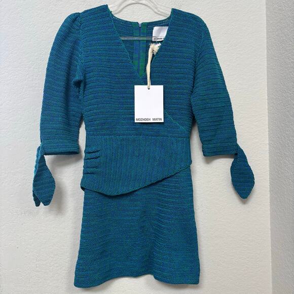 Mozhdeh Matin Mozh Mozh Zigzag Crochet Knit 3/4 Sleeve Mini Dress Blue Sz M NWT - Picture 2 of 8